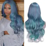 Ombre Hair Wavy Wigs Mixed Violet Light Blue Light Green Grey Colour Curly Wave Hair Middle Part Long Wavy Wig Heat Resistant Synthetic Daily Party Wig for Women