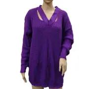 Nevenka Womens V Neck Sweaters Hollow Out Knit Pullover-Purple
