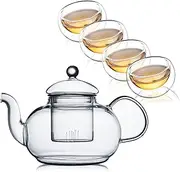 Glass Teapot Set,20.3oz Clear Tea Pot with 4 Double Wall Teacups,Stovetop Safe Tea Kettle,Blooming Loose Leaf Tea Maker Gift,Microwave Dishwasher Safe