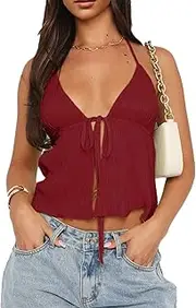 [NVRENJIA] Women Y2k Front Tie Crop Tops Halter Neck Flowy Plisse Summer Going Out Top Sexy Split Sleeveless Cami Shirt