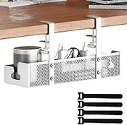FORYUSE Under Desk Cable Management Tray Large No Drill Clamp Mount Wire Cord Organiser Box Metal Mesh Storage for Office Home White