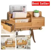 Stylish 16 Inch Wall-Mounted Key and Mail Organizer with Hooks - Rustic Elegance