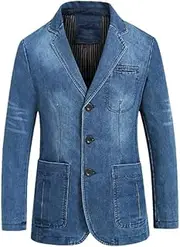 [Kiioouu] Mens Denim Blazer Men Suit Cotton Vintage Male Blue Coat Denim Jacket Men Jeans Blazers