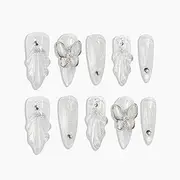 Sun&Beam Nails Handmade Press-on Medium Long Amlond White Silver Mermaid Rhinestone Butterfly Design False Nail Tips 10 Pcs (#020 S)
