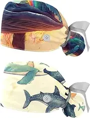 [YTYVAGT] 2-Pc,Nurse Scrub Caps,Scrub Hats with Buttons and Cotton Sweatband,Colorful Whale Animal Art Illustration