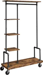 Clothing Garment Rack on Wheels with 5-Tier Industrial Pipe Style Rustic Brown