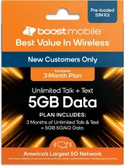 Boost Mobile Prepaid SIM Card | Unlimited Talk & Text | 3 Month 5 GB Data Plan