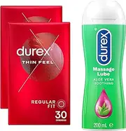 Durex Thin Feel Latex Condoms Regular Fit, 30 Pack x 2 + Durex Play Aloe Vera 2 in 1 Massage Gel Intimate Lube, 200ml