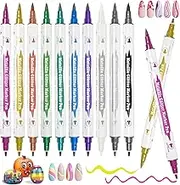 SAYEEC 10 Colors Dual Tip Metallic Paint Markers with Brush and Fine Point Nail Art Pens Highlighters for Black Paper Rock Painting Card Making Calligraphy DIY Album Crafts