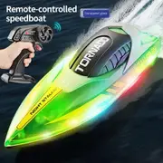RC Boat Toys Remote Control Fast Speed Boats LED Lights Electric Pool Lake Toys Kids Ages 8-12 Entertainment 2.4G Transparent Green