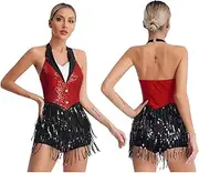 [iEFiEL] Women Sequin Fringe Bodysuit Ballroom Dancing Outfits Tassel Salsa Latin Dance Dress Jumpsuit