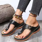 [BHUI] 2022 Summer New Women's Metal Decor Feature Pattern Wedge Flip-Flops, Memory Arch Support Walking Sandals,Casual Buckle Strap Beach Slippers (7,Black)