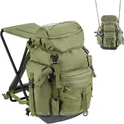 THKFISH Backpack with Foldable Chair, 35L Tackle Box with Rod Holders, Storage Bag Portable Stool for Outdoor Fishing, Camping, and Hunting, Green, Large