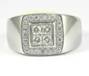 Natural Round Diamond Cluster Square Men's Ring Band 14k White Gold .80Ct