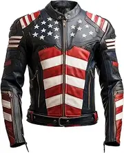 [Sumairah] Mens Genuine Leather Jacket Inspired by American Flag USA Casual Motorcycle Zipper Coat With USA Flag Stitched