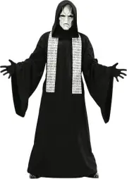 Phantom Mime Hooded Robe White Mask Scary Fancy Dress Up Halloween Adult Costume