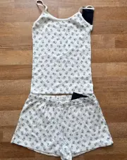 Brandy Melville Blue Teddy Bear Pajama Set Pointelle Tank Top Eyelet Shorts