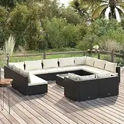 12 Piece Garden Lounge Set with Cushions Black Poly Rattan, Conversation Sets