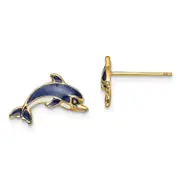 14K Yellow Gold Blue And White Enamel Dolphin Post Earrings