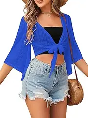 [ZAFUL] Women's Cropped Bolero Sheer Shrugs for Dress Short Sleeve Tie Front Cardigan