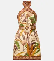 [Farm Rio] Farm Rio Foliage Sketch linen minidress AU 6 multicoloured
