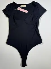 QINSEN Women V Neck Bodysuit Short Sleeve Body Suits Seamed Cup Out Tops Shirt S