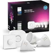 Philips Hue GU10 Smart Lamp, White and Colour Light, Pack of 3 with Smart Button and Hue Bridge, Bluetooth Compatible, Voice Control with Alexa, Apple Home and Google Assistant