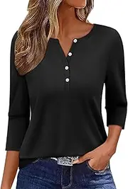 [Onsoyours] Women's 3/4 Sleeve T-Shirt V-Neck Button Placket Summer Top Plain Tops Basic Shirt