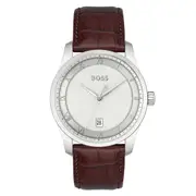 Hugo Boss Brown Leather Silver White Dial Men's Watch - 1514114