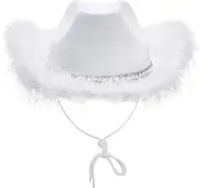 [Generic] Cowboy Cowgirl Hats - Cowgirl Hat With Feather Trim | Feather Cowgirl Hat | Sparkly White Trim Hats | Bride Western Festival Fancy Hats | Cowboy Hat for Women & Girls Cosplay Bachelor Party Hats