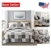 Reversible King Quilt Bedding Set - 3PCS Cotton Plaid Comforter for All Seasons