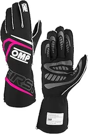 OMP Racing Driving Gloves, First, FIA Approved, Single Layer, Fire Retardant Fabric, Black/Fucsia, Small, Pair