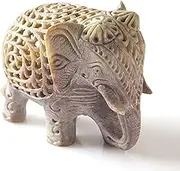 Soapstone Carved Elephant Figurine with Sculpture of Mother Elephant with Baby Inside Statue 4" - Handmade in Jali or Openwork from a Single Block of Stone Decorative Collectible (3 x 4 x 2.5 inch)