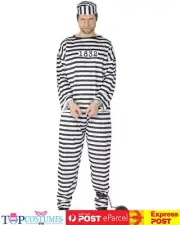 Mens Convict Prisoner Criminal Jail Outlaw Stripe Fancy Dress Up Costume