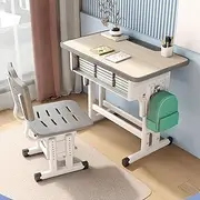 Kids' Desk Chair Sets, Adjustable Height Children Study Desk and Chair Set Large Storage Drawer, Multifunctional School Student Writing Study Table and Chair Set, Ergonomic Design (Beige)