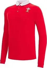 [Macron] Unisex WRU Merch Ca Lf Rugby Cotton Polo Jersey Red/Wht Ls Jr Polo Shirt