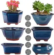6 pcs Ceramic Succulent Pot, Small Glazed Zisha Bonsai Cactus Plant Flower Pots Planter 3" 4” Growing Nursery Containers Blue