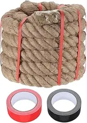 sourcing map Jute Rope 2 Inch x 25ft, Heavy Natural Thick Twisted Rope with 2 Roll Tapes for Crafts Railing Docks Tug of War Swing Nautical Landscaping