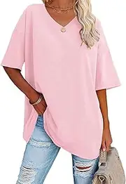 [Tomwell] Women's Oversize Short Sleeve T-Shirt with V-Neck Casual Loose Basic Summer Tops Half Sleeve Tunic Tee Shirts Women Good Vibes Printed Casual Tops Blouse