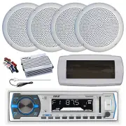 Pyle Bluetooth Marine Radio,Cover, Antenna,Amp w/Kit, 4x 5.25" 20W White Speaker
