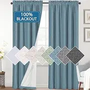 H.VERSAILTEX Linen Look 100% Blackout Curtains for Bedroom Full Light Blocking Rod Pocket Linen Textured Thick Window Curtain Drapes with White Backing, 2 Panels Set, Each W132cm x D241cm, Stone Blue