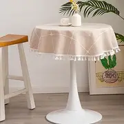 Hpxrom Round Lattice Small Tablecloth Cotton Linen Light Brown Dust-Proof Washable Boho Embroidery Table Cover Rustic Table Cloth for Coffee Party Kitchen Dining Tabletop Decoration 36 Inch