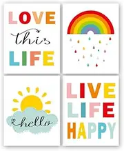 Colorful Rainbow and Sunshine Quotes Art Print,Set of 4(8" x10) Inspirational Canvas Poster Painting,Weather Nursery Wall Art for Classroom Or Kid Room Home Decor,No Frame