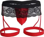 [Generic] Men's Lace Floral G String Panties Bikini Thong Underwear Jockstrap with Garter