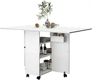 Luxsuite Folded Dining Table Wooden Rectangle Table with Wheels & 3 Shelves Home Furniture Kitchen Dinner Desk White 135cm