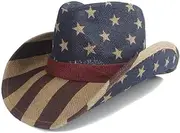 [LINCYS] 2022 Straw Men's Sun Hat with American American Flag for The Sunhat Cowboy Male Jazz Cap Size 58cm