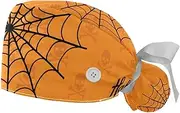 [WOSHJIUK] Working Hat 2 Pack Scrub Caps for Women,Orange Skull Spider Web,Tie Back Cap Adjustable Scrub Hat