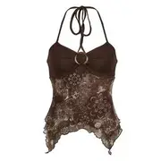 Halter-Neck Color-Block Pattern Print Paneled Asymmetric-Hem Slim-Fit Cami Top Brown - S