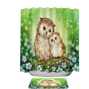 Green Forest and Flowers Owls Cuddle Shower Curtain
