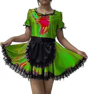 [EGEN] Sissy Shiny Laser Lolita Maid Fancy Dresses Puff Short Sleeve Lockable Pleated Mini Maid Dress Halloween Cosplay Maid Uniforms